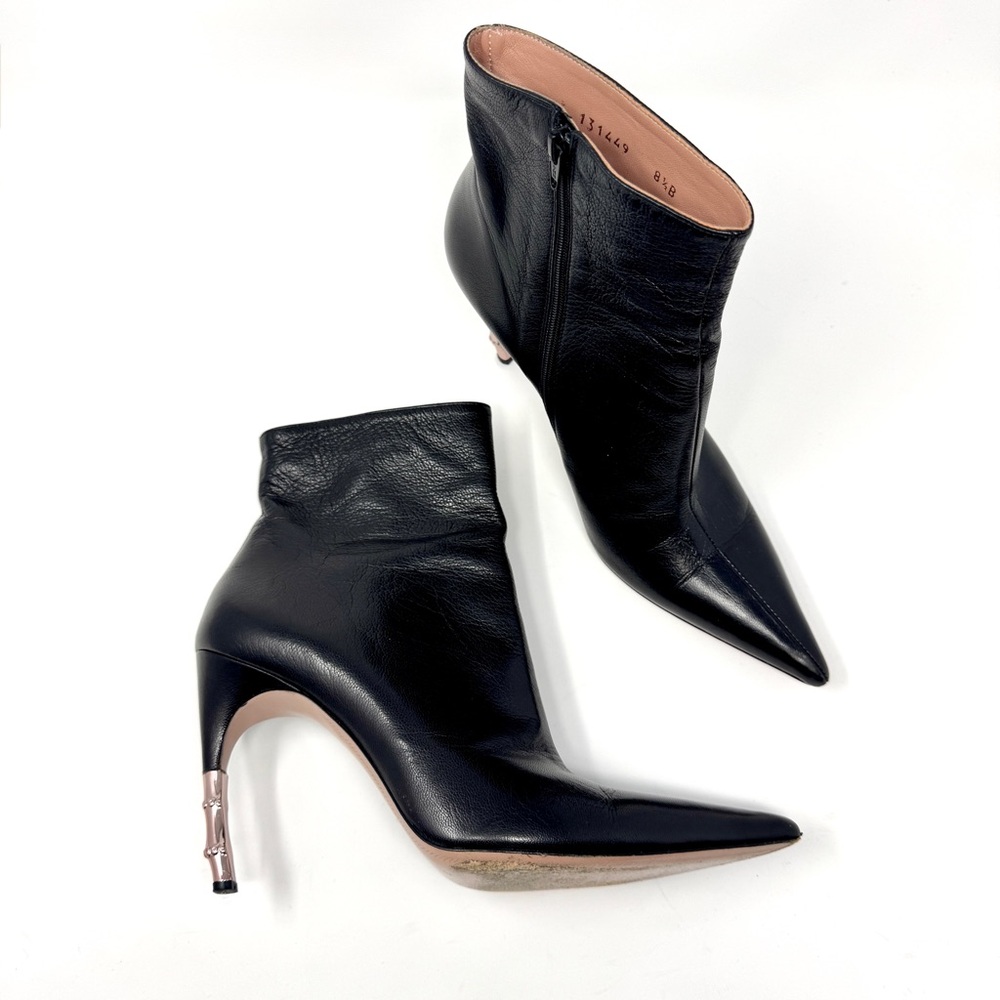 Gucci Black Goat Leather Ankle Boots with Rose Gold Metal Bamboo Heels - Picture 1 of 16